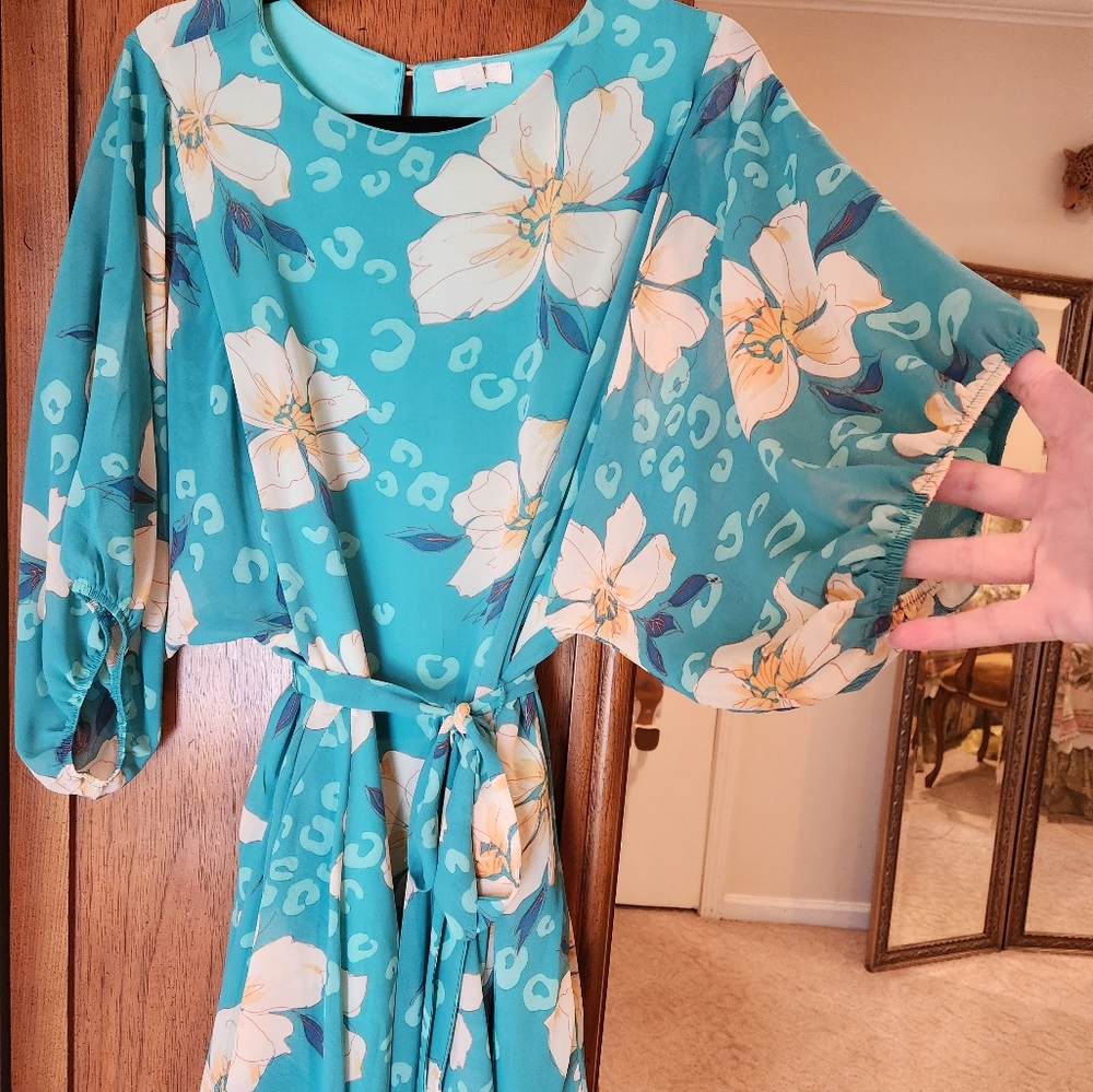 Easel of Los Angeles Floral Mini Dress - Teal and White Size Small